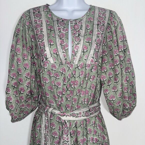 Marea Boho Floral Country Maxi Dress Peasant Garden Green Pink Women Sz 1 Small - Picture 2 of 11